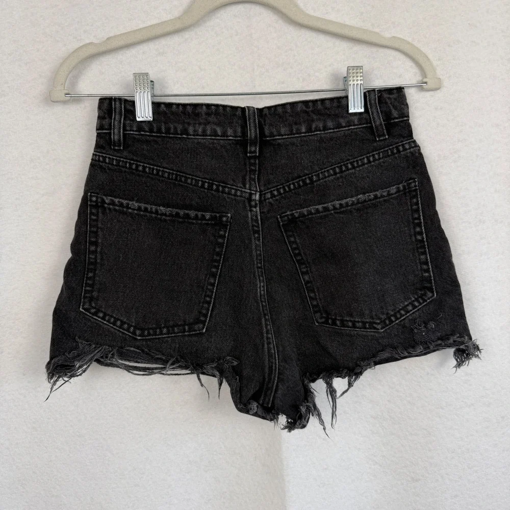 Zara Womens High Waisted Distressed Denim‎ Shorts Black Button Fly Size 2